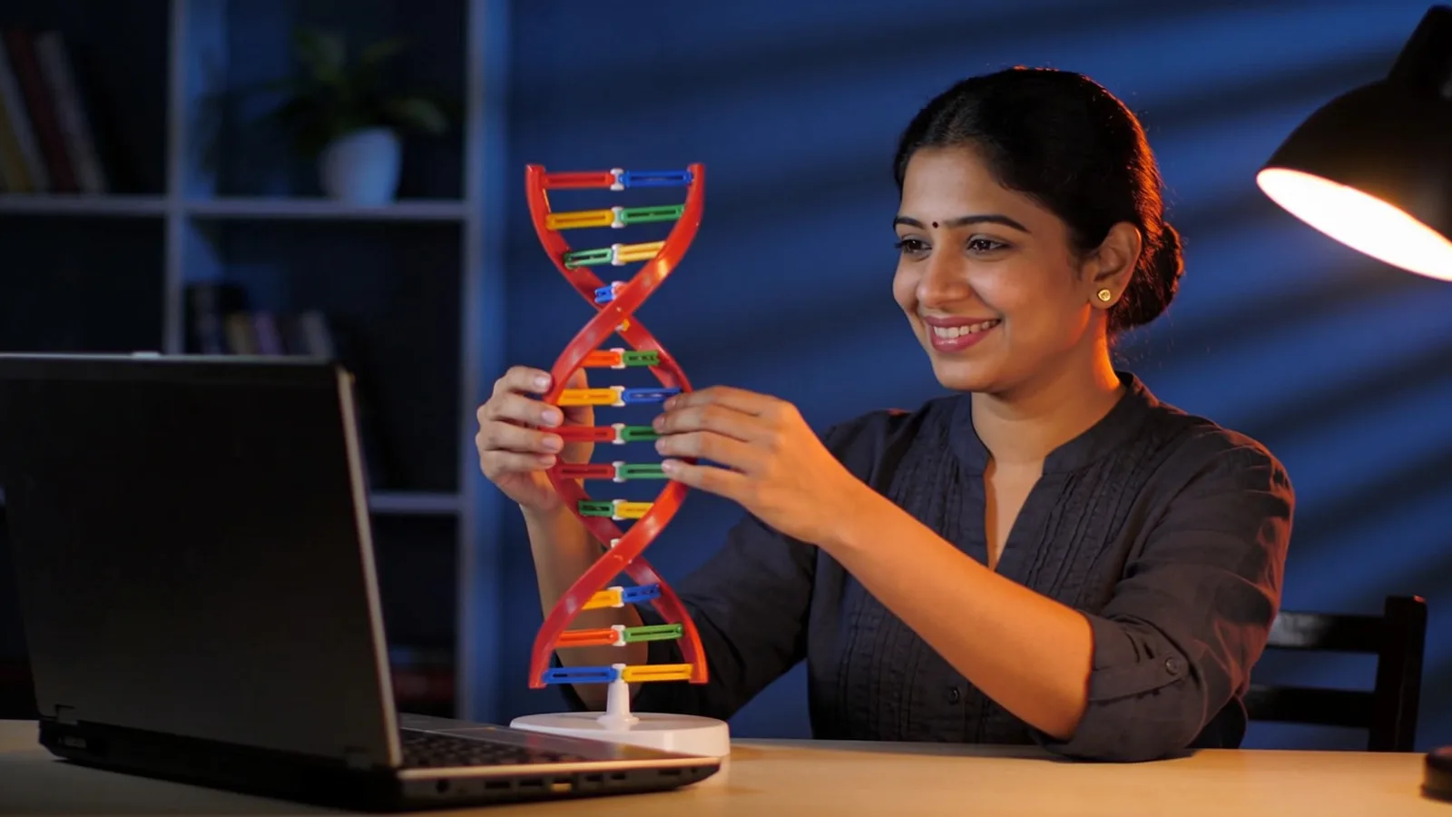 A biology teacher explaining a DNA model during an online class